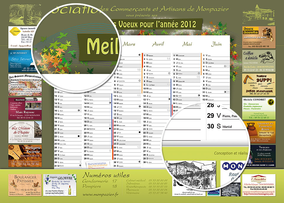 Recto du calendrier 2012 réalisé pour l'Association des Commerçants et Artisans de Monpazier